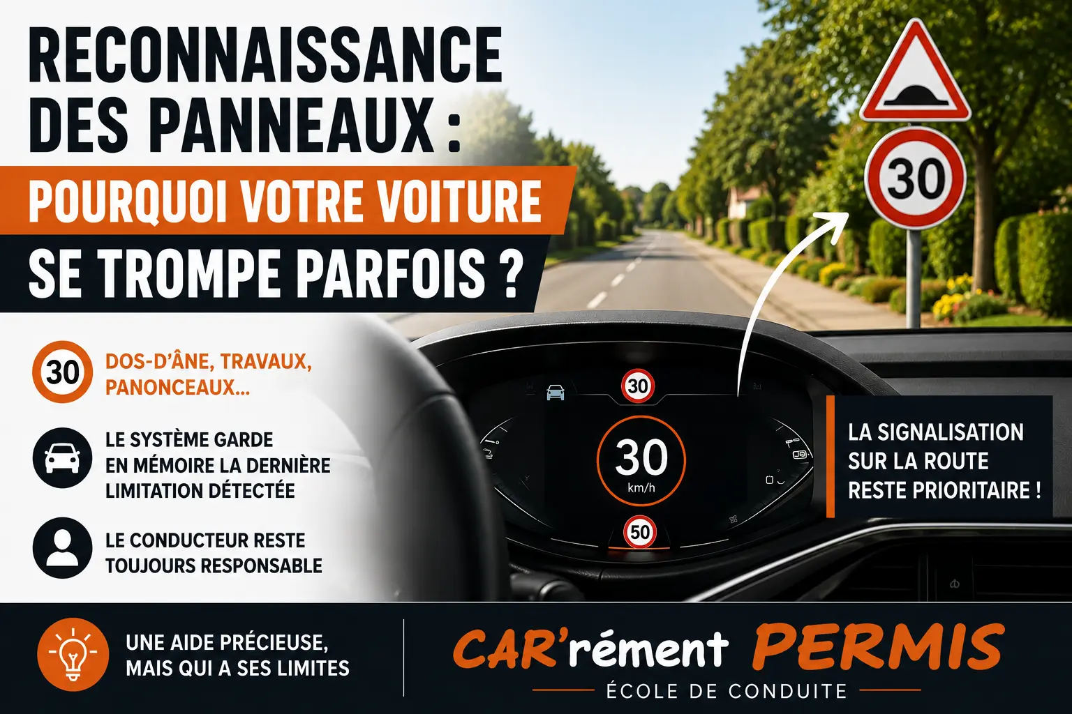 Reconnaissance des panneaux de signalisation affichant une limitation de vitesse incorrecte sur le tableau de bord d'une voiture.