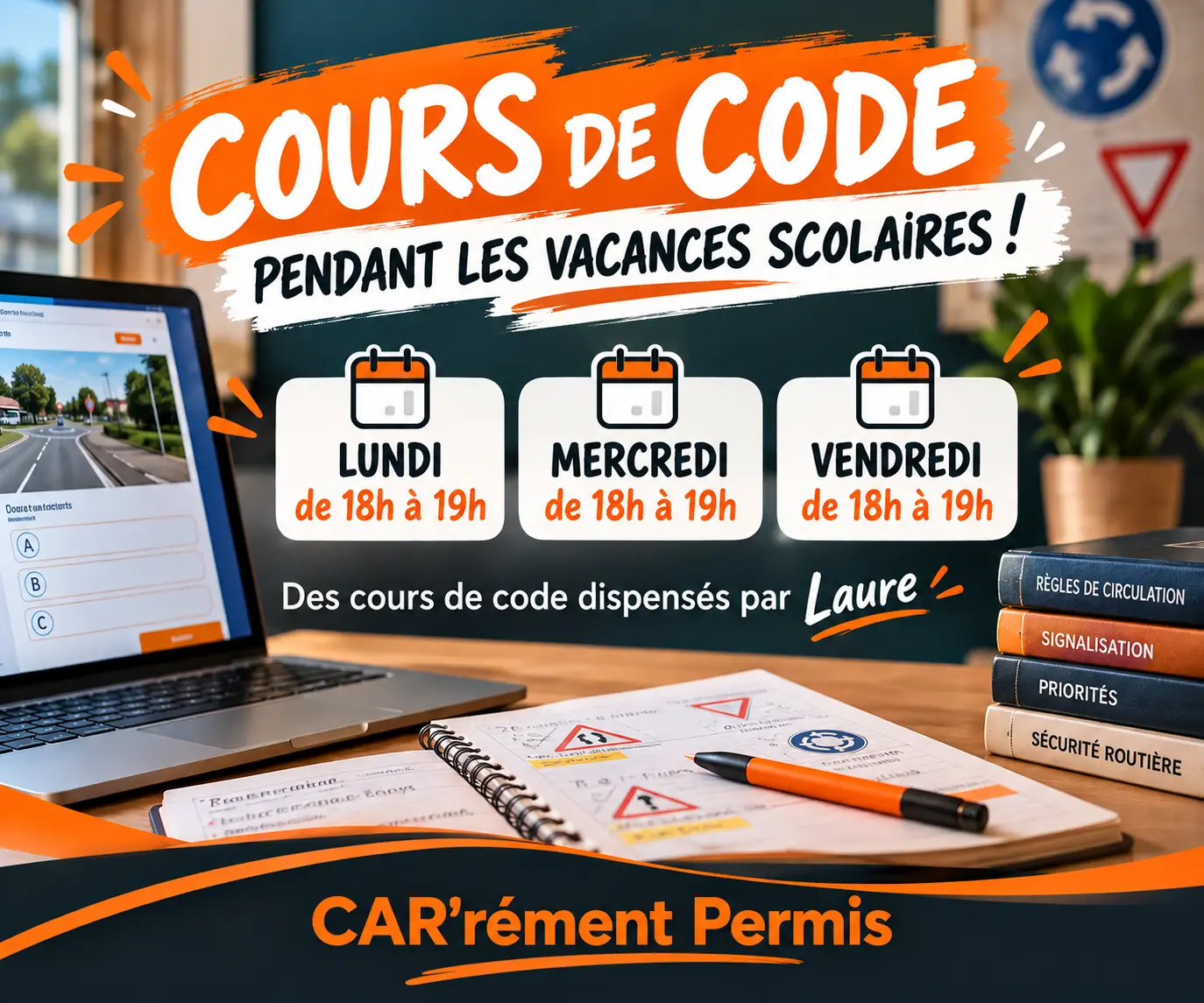 Cours de code pendant les vacances scolaires chez CAR’rément Permis avec Laure, les lundis, mercredis et vendredis de 18h à 19h.