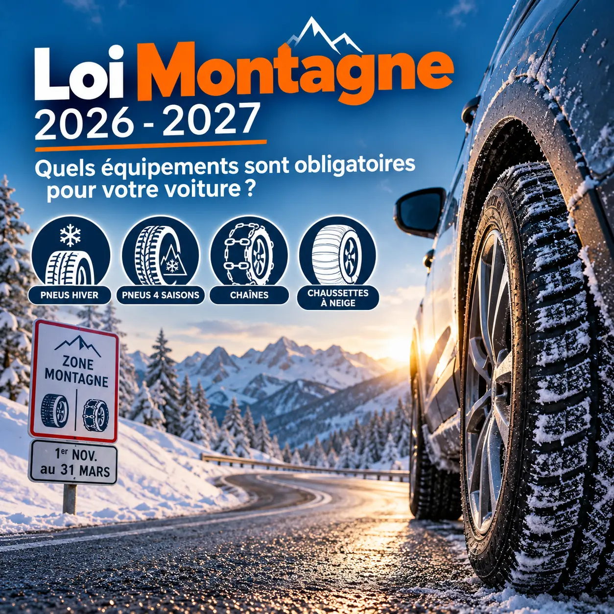 Voiture équipée de pneus hiver sur une route enneigée en montagne, illustration de la loi Montagne et des équipements hivernaux.
